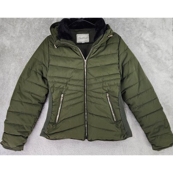 Snobbish Puffer Jacket Womens Large Olive Green Black Faux Fur Hooded Full Zip - Picture 1 of 16